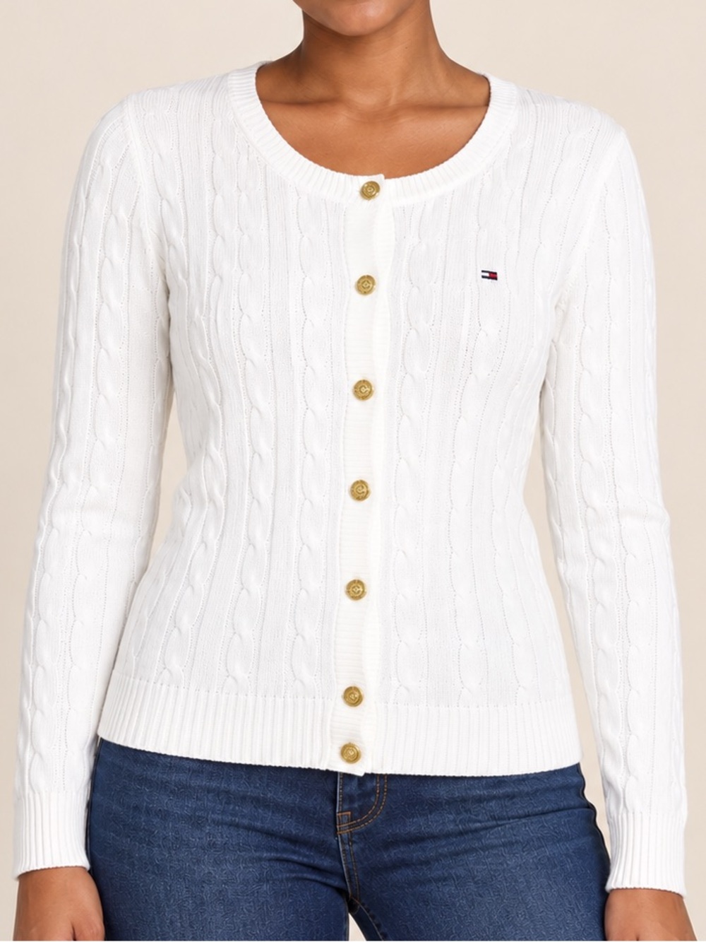 Tommy Hilfiger White Cable Knit Button-Up Cardigan with Gold Buttons